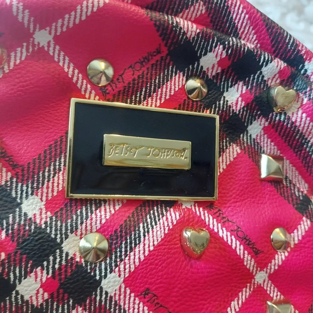 Betsey Johnson Pink Plaid Studded Mini Backpack Gold Heart Studs Rose Lining